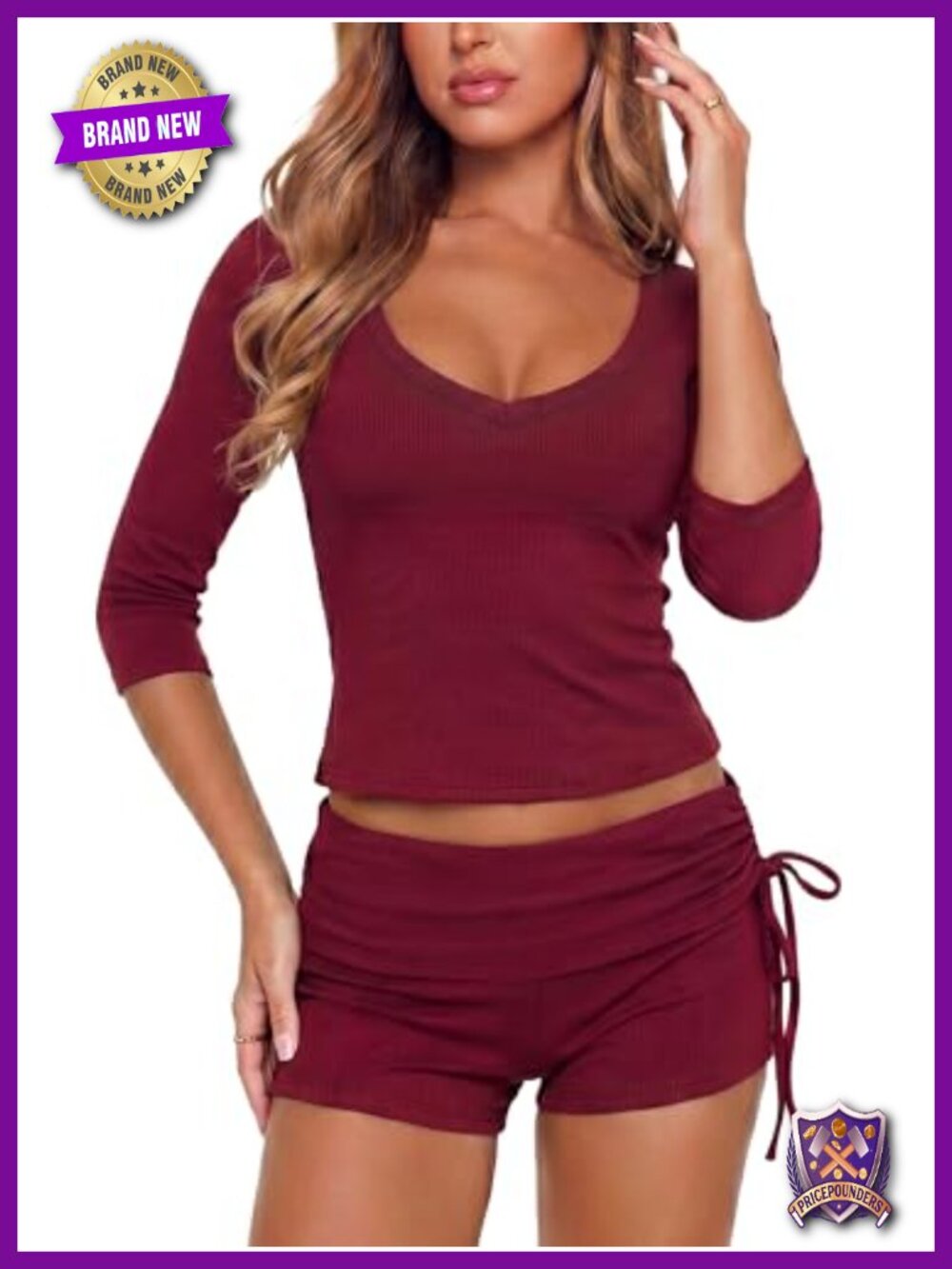 Womens 2 Piece Ribbed Knit Short Set V Neck 3/4 Sleeve Top & Ruched Shorts